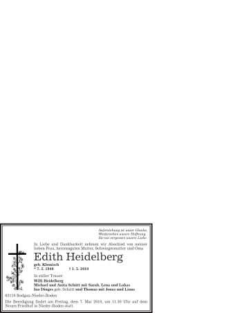 Todesanzeige von Edith Heidelberg von OFFENBACH-POST/HANAU-POST