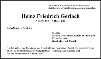 Todesanzeige von Heinz Friedrich Gerlach von OFFENBACH-POST/HANAU-POST