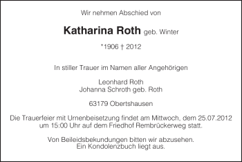 Todesanzeige von Katharina Roth von OFFENBACH-POST/HANAU-POST