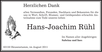 Todesanzeige von Hans-Joachim Rühl von OFFENBACH-POST/HANAU-POST