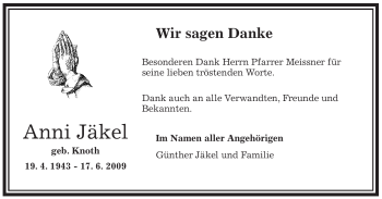 Todesanzeige von Anni Jäkel von OFFENBACH-POST/HANAU-POST