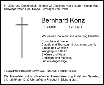 Todesanzeige von Bernhard Konz von Offenbach