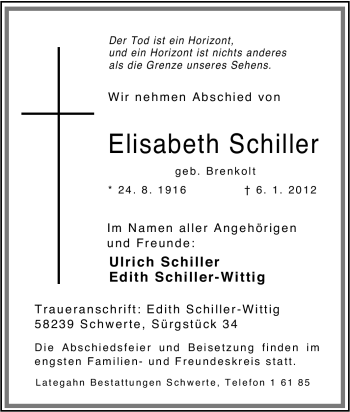 Todesanzeige von Elisabeth Schiller von OFFENBACH-POST/HANAU-POST