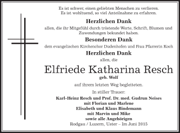 Todesanzeige von Elfriede Katharina Resch von Offenbach