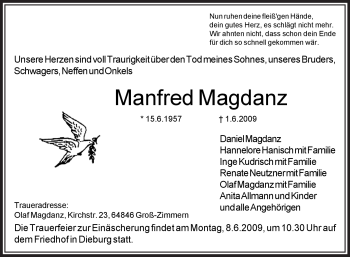 Todesanzeige von Manfred Magdanz von OFFENBACH-POST/HANAU-POST