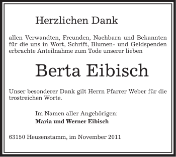 Todesanzeige von Berta Eibisch von OFFENBACH-POST/HANAU-POST