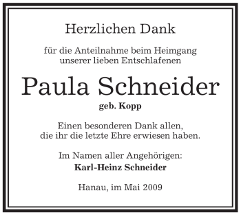 Todesanzeige von Paula Schneider von OFFENBACH-POST/HANAU-POST
