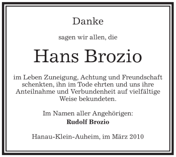 Todesanzeige von Hans Brozio von OFFENBACH-POST/HANAU-POST