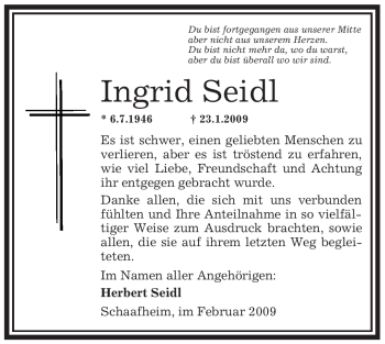 Todesanzeige von Ingrid Seidl von OFFENBACH-POST/HANAU-POST
