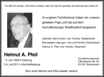 Todesanzeige von Helmut A. Pfeil von OFFENBACH-POST/HANAU-POST