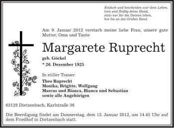 Todesanzeige von Margarete Ruprecht von OFFENBACH-POST/HANAU-POST