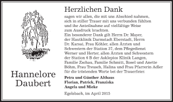 Todesanzeige von Hannelore Daubert von Offenbach
