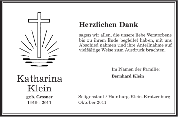 Todesanzeige von Katharina Klein von OFFENBACH-POST/HANAU-POST