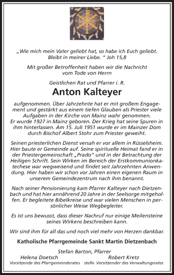 Todesanzeige von Anton Kalteyer von Offenbach