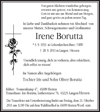 Todesanzeige von Irene Borutta von OFFENBACH-POST/HANAU-POST