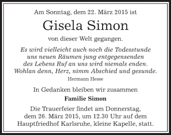 Todesanzeige von Gisela Simon von Offenbach