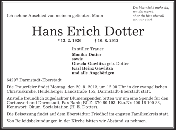 Todesanzeige von Hans Erich Dotter von OFFENBACH-POST/HANAU-POST