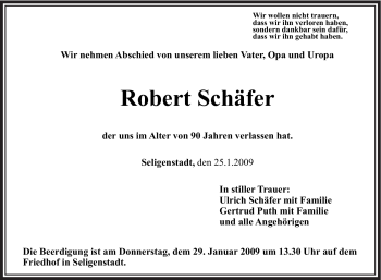 Todesanzeige von Robert Schäfer von OFFENBACH-POST/HANAU-POST
