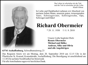 Todesanzeige von Richard Obermeier von OFFENBACH-POST/HANAU-POST
