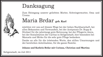 Todesanzeige von Maria Brdar von OFFENBACH-POST/HANAU-POST