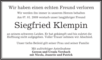 Todesanzeige von Siegfried Klempin von OFFENBACH-POST/HANAU-POST