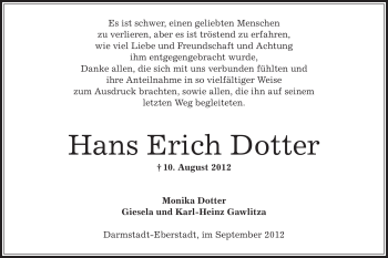 Todesanzeige von Hans Erich Dotter von Offenbach