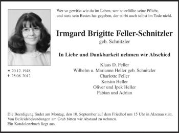 Todesanzeige von Irmgard Brigitte Feller-Schnitzler von Offenbach