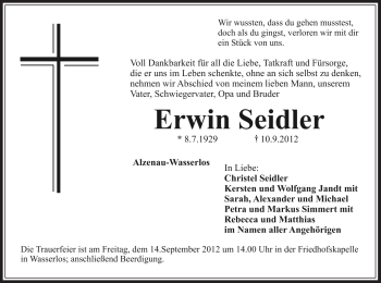Todesanzeige von Erwin Seidler von Offenbach
