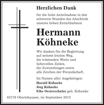 Todesanzeige von Hermann Köhneke von Offenbach