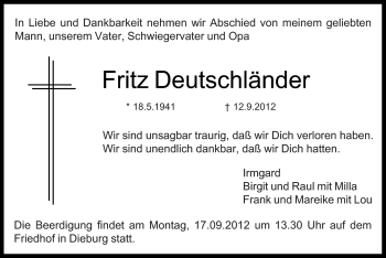 Todesanzeige von Fritz Deutschländer von Offenbach