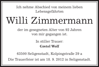 Todesanzeige von Willi Zimmermann von Offenbach