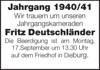 Todesanzeige von Fritz Deutschländer von Offenbach