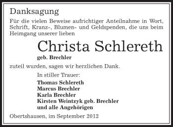 Todesanzeige von Christa Schlereth von Offenbach