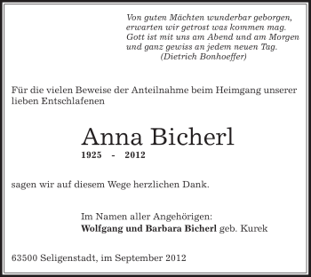 Todesanzeige von Anna Bicherl von Offenbach
