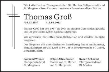Todesanzeige von Thomas Groß von Offenbach