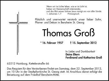 Todesanzeige von Thomas Groß von Offenbach