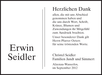 Todesanzeige von Erwin Seidler von Offenbach