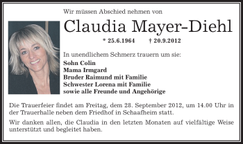 Todesanzeige von Claudia Mayer-Diehl von Offenbach