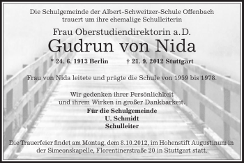 Todesanzeige von Gudrun von Nida von Offenbach