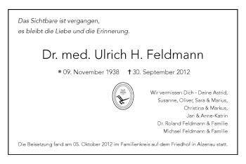 Todesanzeige von Ulrich Feldmann von Offenbach