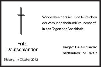 Todesanzeige von Fritz Deutschländer von Offenbach