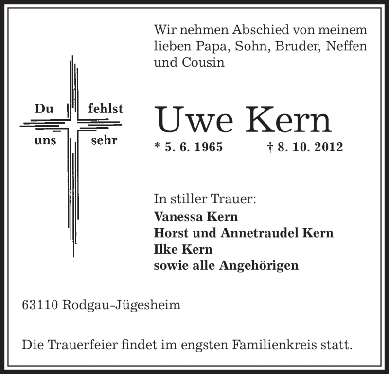  Traueranzeige für Uwe Kern vom 13.10.2012 aus Offenbach