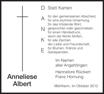 Todesanzeige von Anneliese Albert von Offenbach