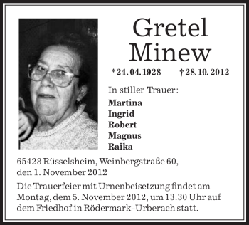 Todesanzeige von Gretel Minew von Offenbach