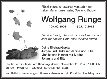 Todesanzeige von Wolfgang Runge von Offenbach
