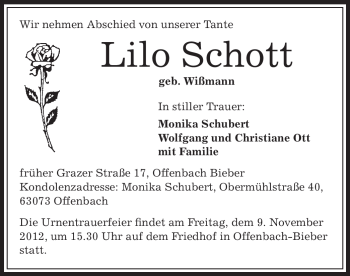 Todesanzeige von Lilo Schott von Offenbach