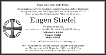 Todesanzeige von Eugen Stiefel von Offenbach