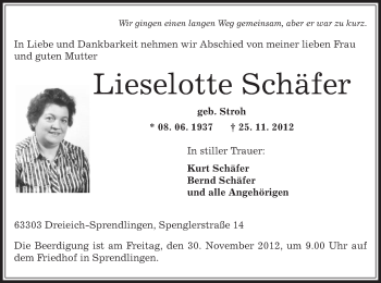 Todesanzeige von Lieselotte Schäfer von Offenbach