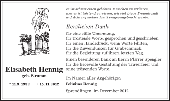 Todesanzeige von Elisabeth Hennig von Offenbach