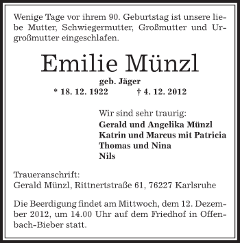 Todesanzeige von Emilie Münzl von Offenbach